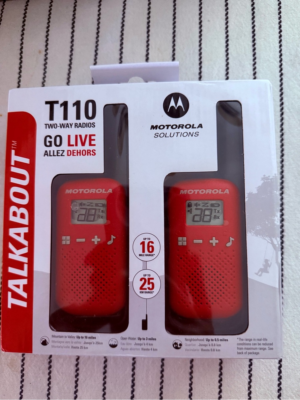 Motorola T110 Two-Way Radios in Red and White Packaging